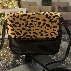 Leopard Print Black Pleather Crossbody Bag